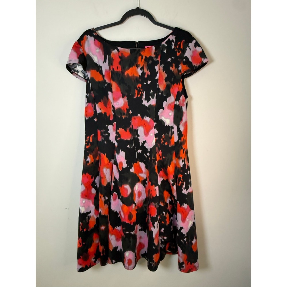 Betsey Johnson Fit Flare Black Floral Dress Womens Size 14 Back Zip Cap Sleeves